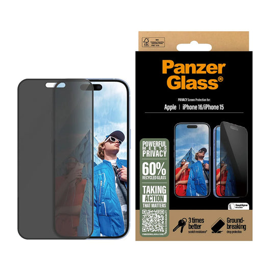 Защитно фолио за екран Privacy PanzerGlass Ultra-Wide Fit EasyAligner за Apple iPhone 16 / 15, закалено стъкло, Full Glue