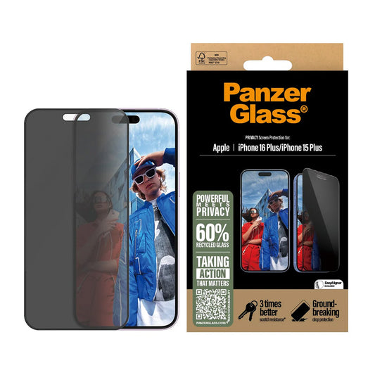 Защитно фолио за екран Privacy PanzerGlass Ultra-Wide Fit EasyAligner за Apple iPhone 16 Plus / 15 Plus, закалено стъкло, Full Glue