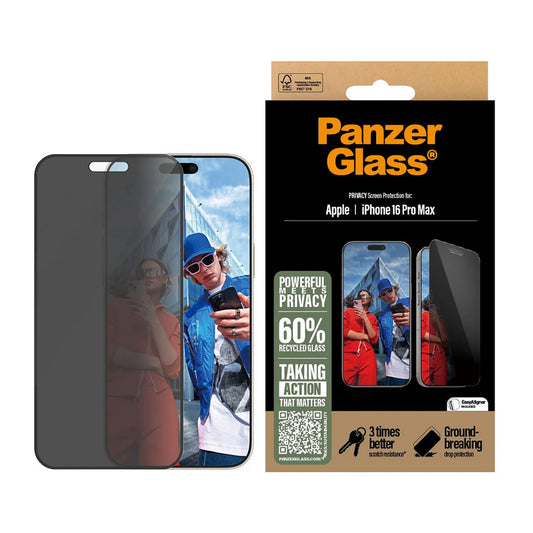 Фолио за защита на екрана Privacy PanzerGlass Ultra-Wide Fit EasyAligner за Apple iPhone 16 Pro Max, Закалено стъкло, Пълно залепване