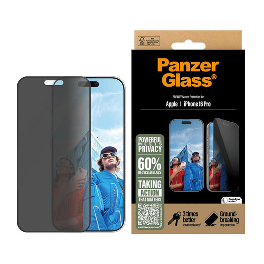 Защитно фолио Privacy PanzerGlass Ultra-Wide Fit EasyAligner за Apple iPhone 16 Pro, закалено стъкло, Full Glue