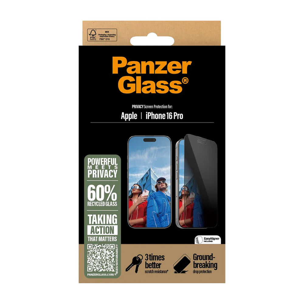 Защитно фолио Privacy PanzerGlass Ultra-Wide Fit EasyAligner за Apple iPhone 16 Pro, закалено стъкло, Full Glue