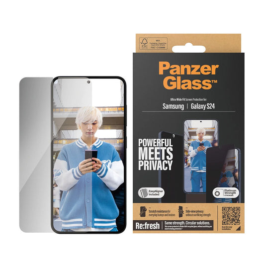 Защитно фолио Privacy PanzerGlass Ultra-Wide Fit EasyAligner за Samsung Galaxy S24 S921, закалено стъкло, Full Glue