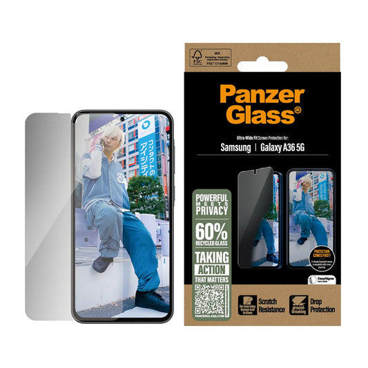 Защитно фолио за екран Privacy PanzerGlass Ultra-Wide Fit за Samsung Galaxy A36 A366, закалено стъкло, Full Glue