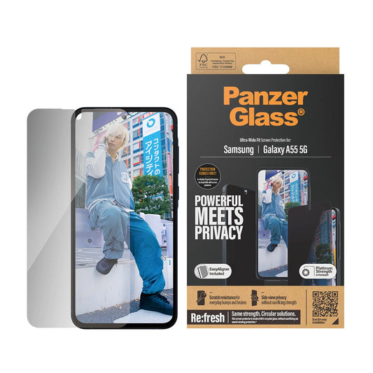 Фолио за защита на екрана Privacy PanzerGlass Ultra-Wide Fit за Samsung Galaxy A55 5G A556, закалено стъкло, Full Glue