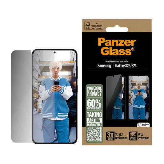 Фолио за защита на екрана Privacy PanzerGlass Ultra-Wide Fit за Samsung Galaxy S25 S931 / S24 S921, Закалено стъкло, Пълно залепване