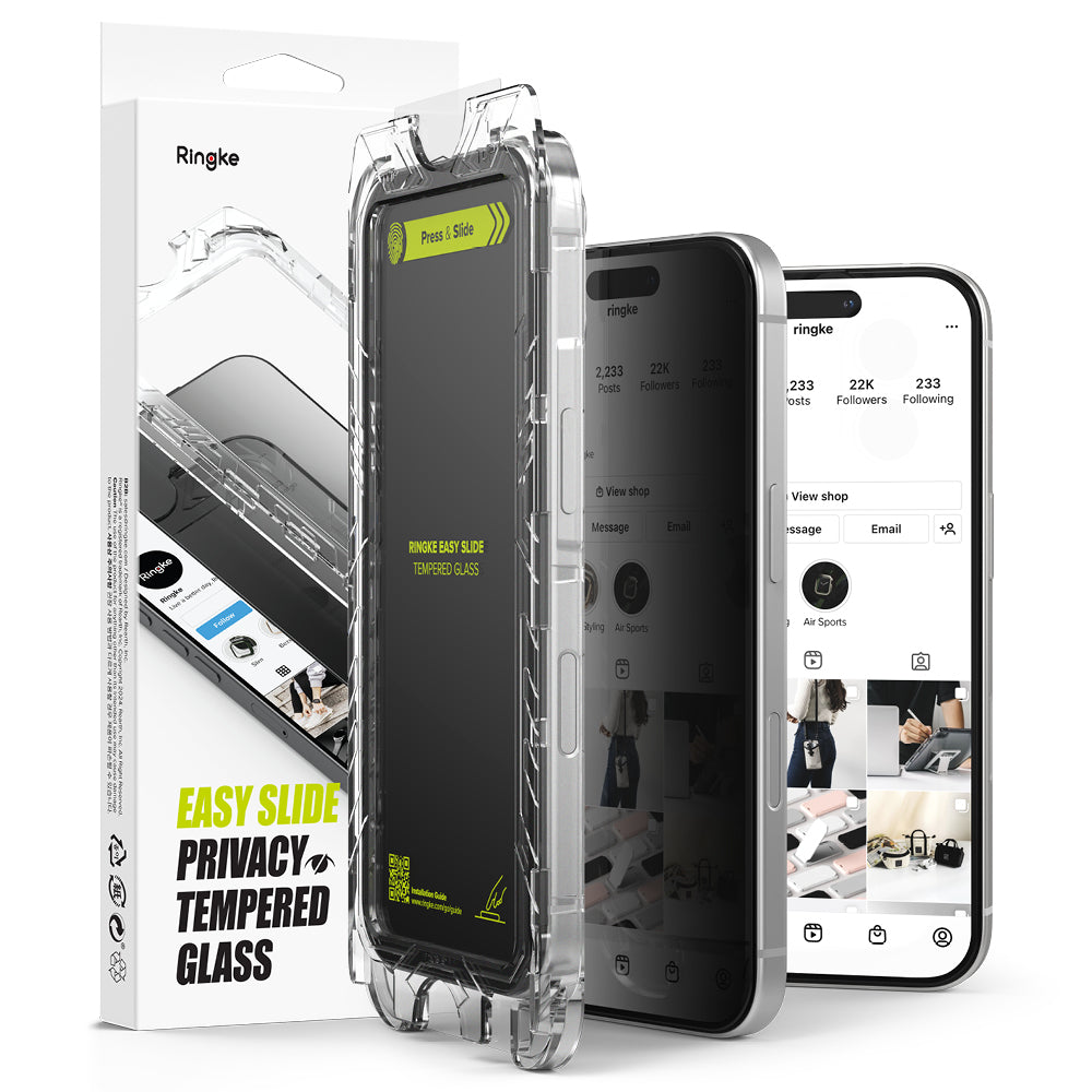 Защитно фолио за екран Privacy Ringke Easy Slide за Apple iPhone 16 Plus / 15 Plus, закалено стъкло, пълно залепване, комплект от 2 броя