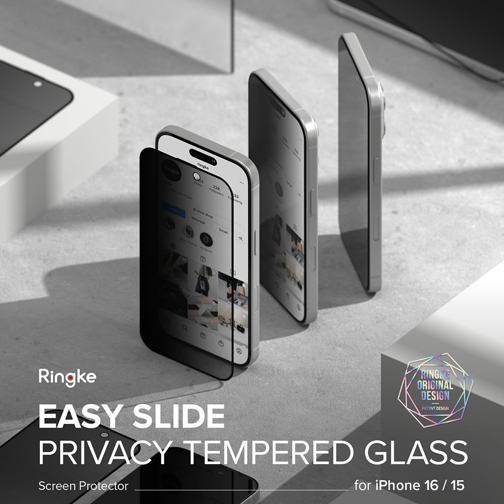 Защитно фолио за екран Privacy Ringke Easy Slide за Apple iPhone 16 Plus / 15 Plus, закалено стъкло, пълно залепване, комплект от 2 броя