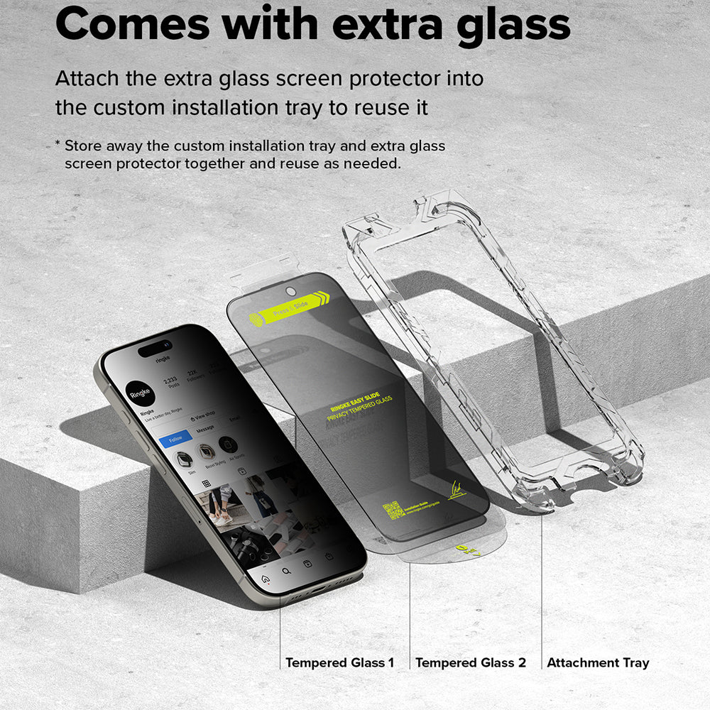 Защитно фолио за екран Privacy Ringke Easy Slide за Apple iPhone 16 Plus / 15 Plus, закалено стъкло, пълно залепване, комплект от 2 броя