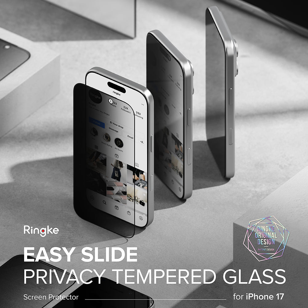 Протектор за екран Privacy Ringke Easy Slide за Apple iPhone 17 Air, закалено стъкло, пълно залепване, комплект от 2 броя