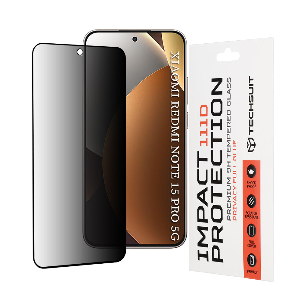 Защитно фолио Privacy Techsuit за Xiaomi Redmi Note 15 Pro 5G, закалено стъкло, Full Glue, 111D