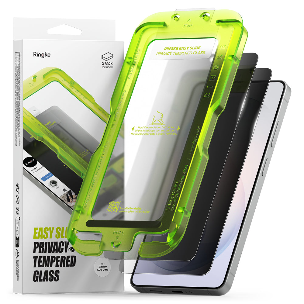 Защитно фолио Ringke Easy Slide за Samsung Galaxy S26 Ultra S948, закалено стъкло, пълно залепване, комплект от 2 броя, черно.