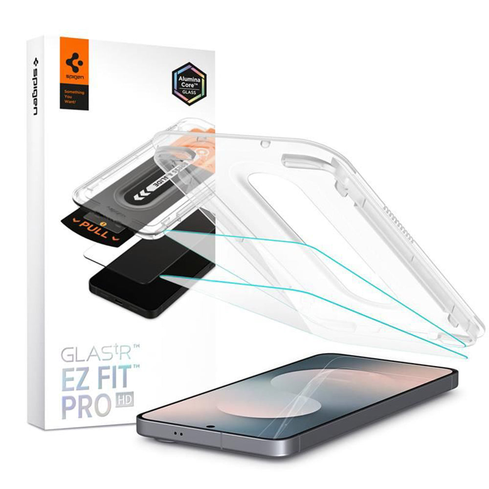 Протектор за екран Spigen GlastR EZ FIT Pro HD за Samsung Galaxy S25 FE, закалено стъкло, пълно лепило, комплект от 2 броя AGL10202