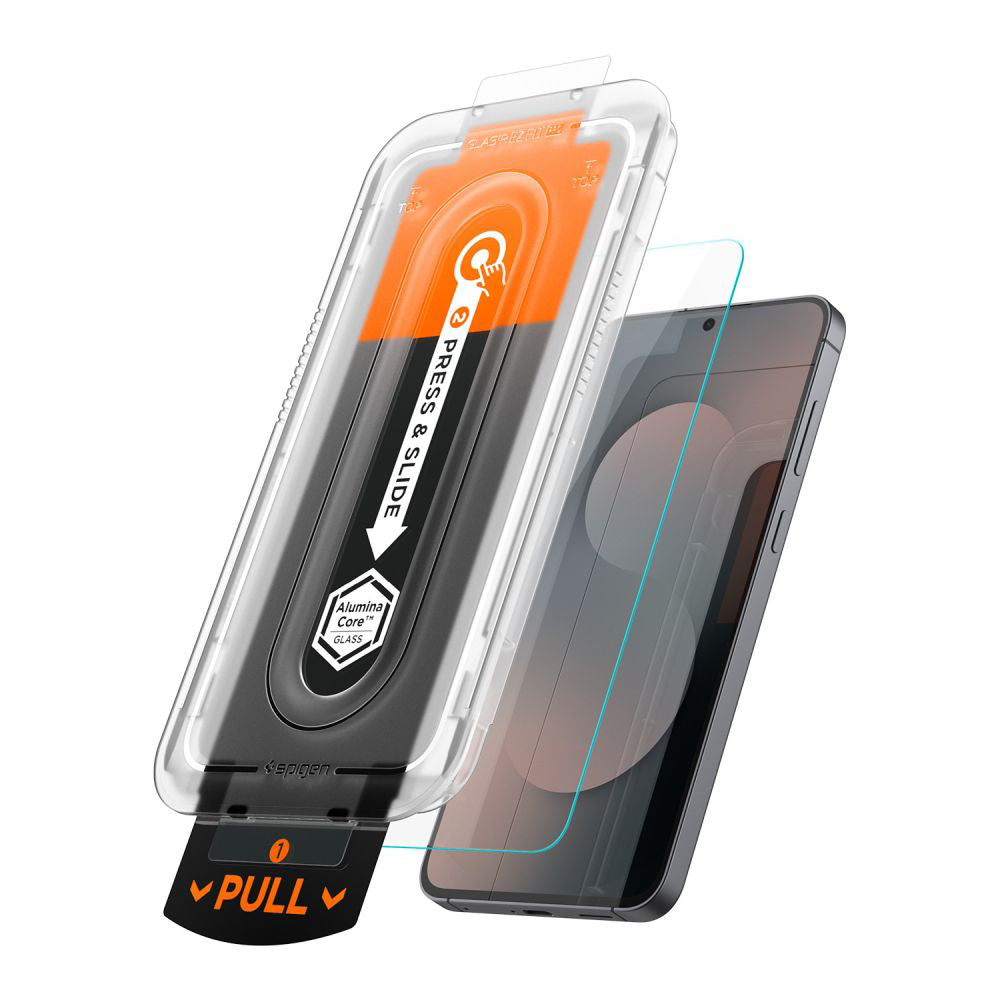 Протектор за екран Spigen GlastR EZ FIT Pro HD за Samsung Galaxy S25 FE, закалено стъкло, пълно лепило, комплект от 2 броя AGL10202