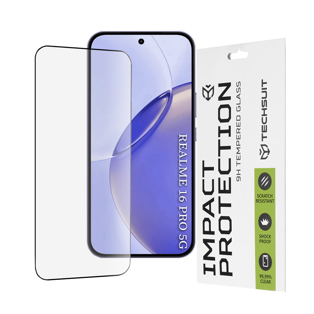 Фолио за защита на екрана Techsuit за Realme 16 Pro, закалено стъкло, Full Glue, 111D, черно