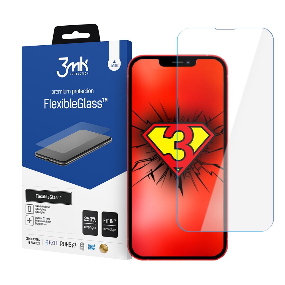 Протектор за екран 3MK FlexibleGlass за Apple iPhone 17e / 16e / 14 / 13 Pro, гъвкаво стъкло, пълно залепване