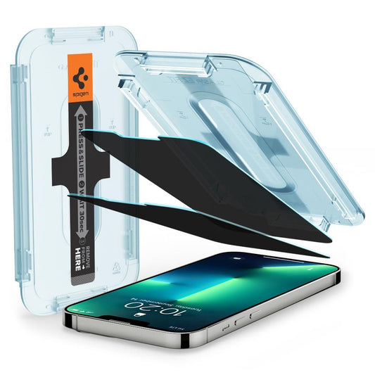 Протектор за екран Privacy Spigen GlastR EZ FIT за Apple iPhone 17e / 16e / 14 / 13 Pro, закалено стъкло, пълно залепване, комплект 2 броя AGL03388
