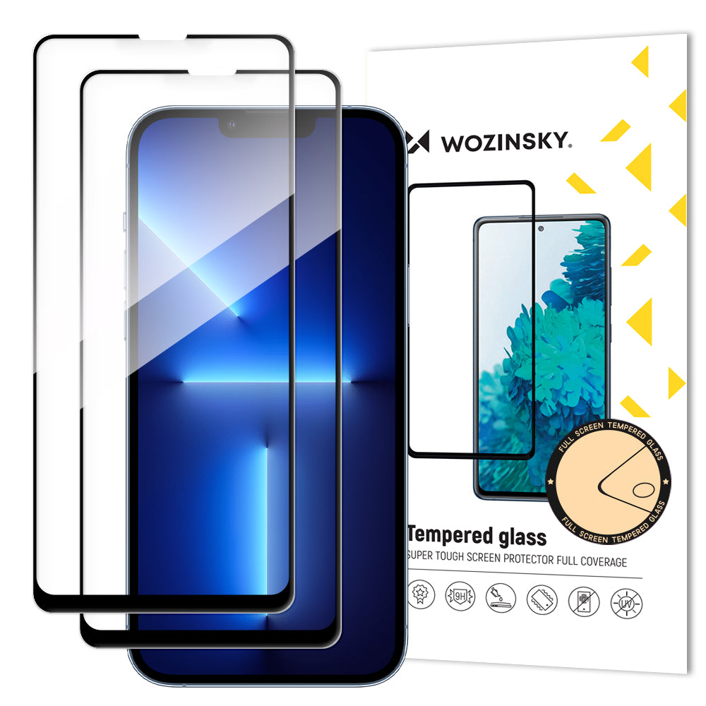 Защитно фолио WZK за екран на Apple iPhone 17e / 16e / 14 / 13 Pro, закалено стъкло, пълно залепване, комплект от 2 броя, черно
