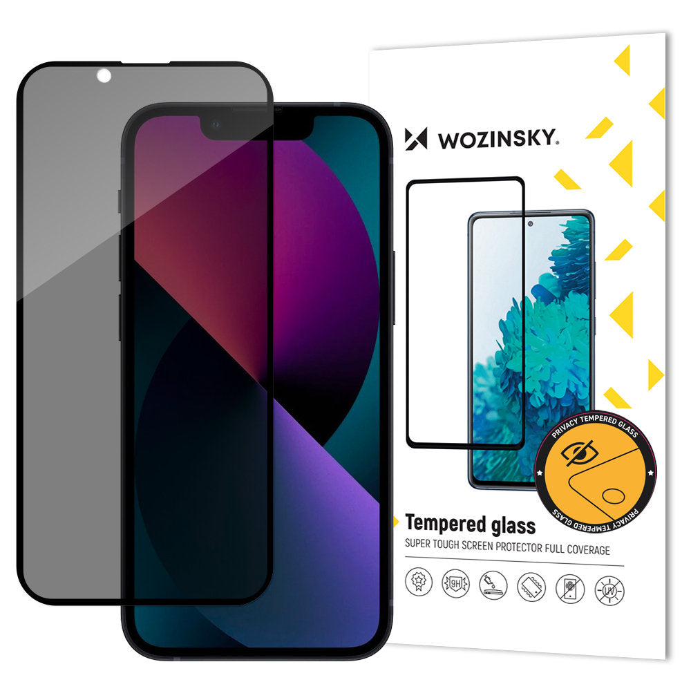 Протектор за екран Privacy WZK AntiSpy за Apple iPhone 17e / 16e / 14 / 13 Pro, закалено стъкло, пълно залепване