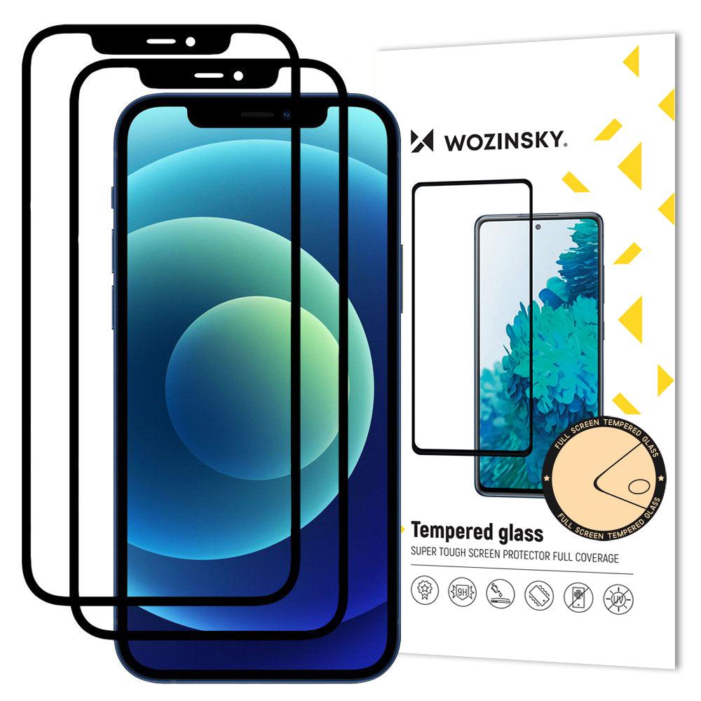 Протектор за екран WZK за Apple iPhone 12 / 12 Pro, закалено стъкло, пълно залепване, комплект от 2 броя, съвместим с калъфи, черен