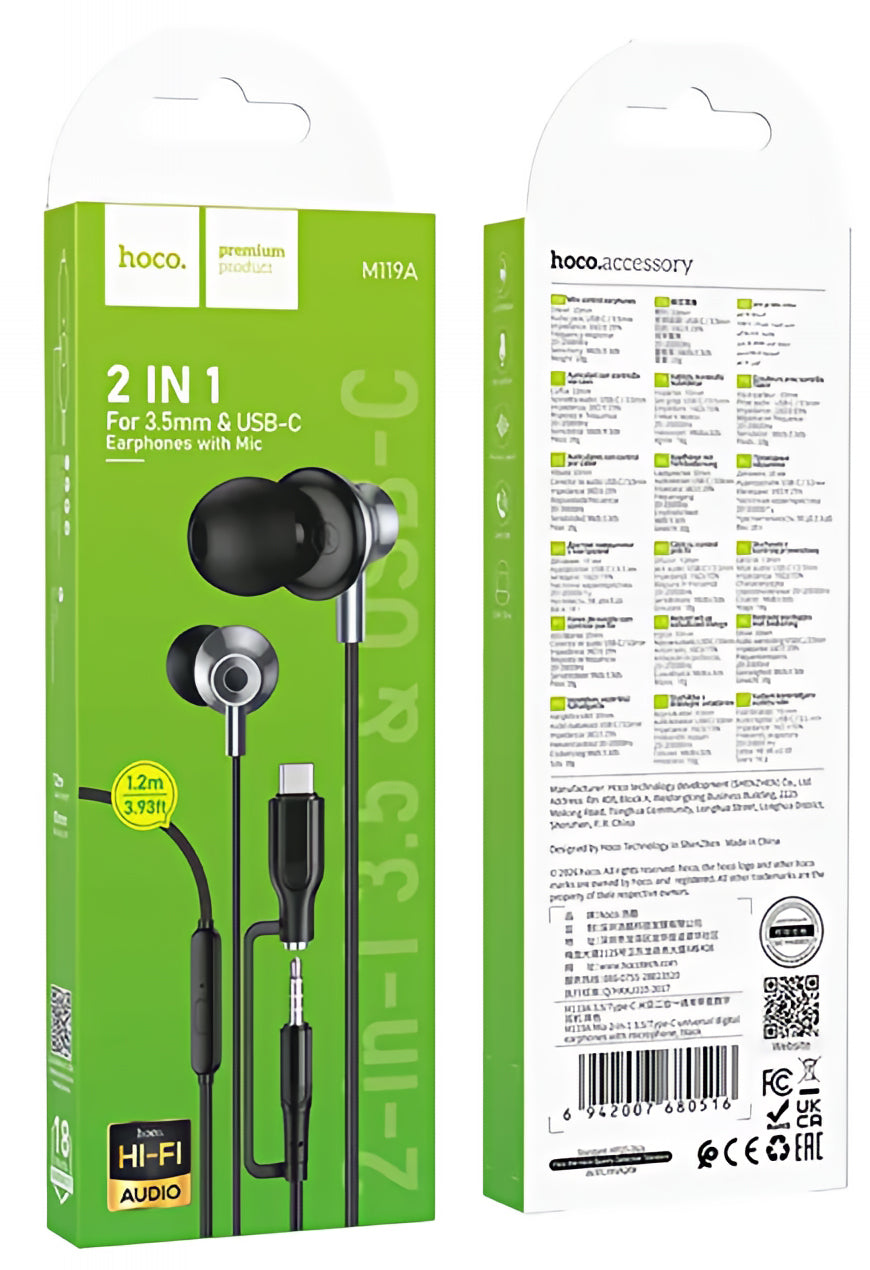 Handsfree 3.5mm / USB-C HOCO M119A, Black