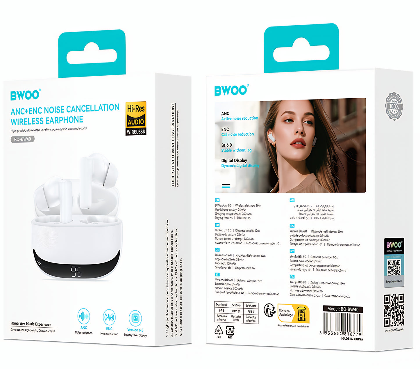 Bluetooth Handsfree BWOO BW40, TWS, ANC, Бял