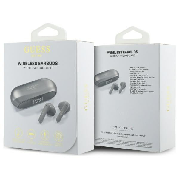 Handsfree Bluetooth Guess с удължено металическо лого, TWS, Сив