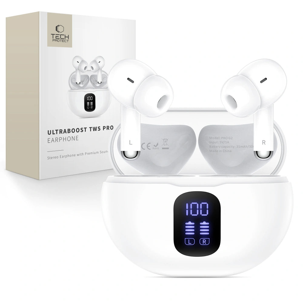Bluetooth Handsfree Tech-Protect Ultraboost Pro G2, TWS, White