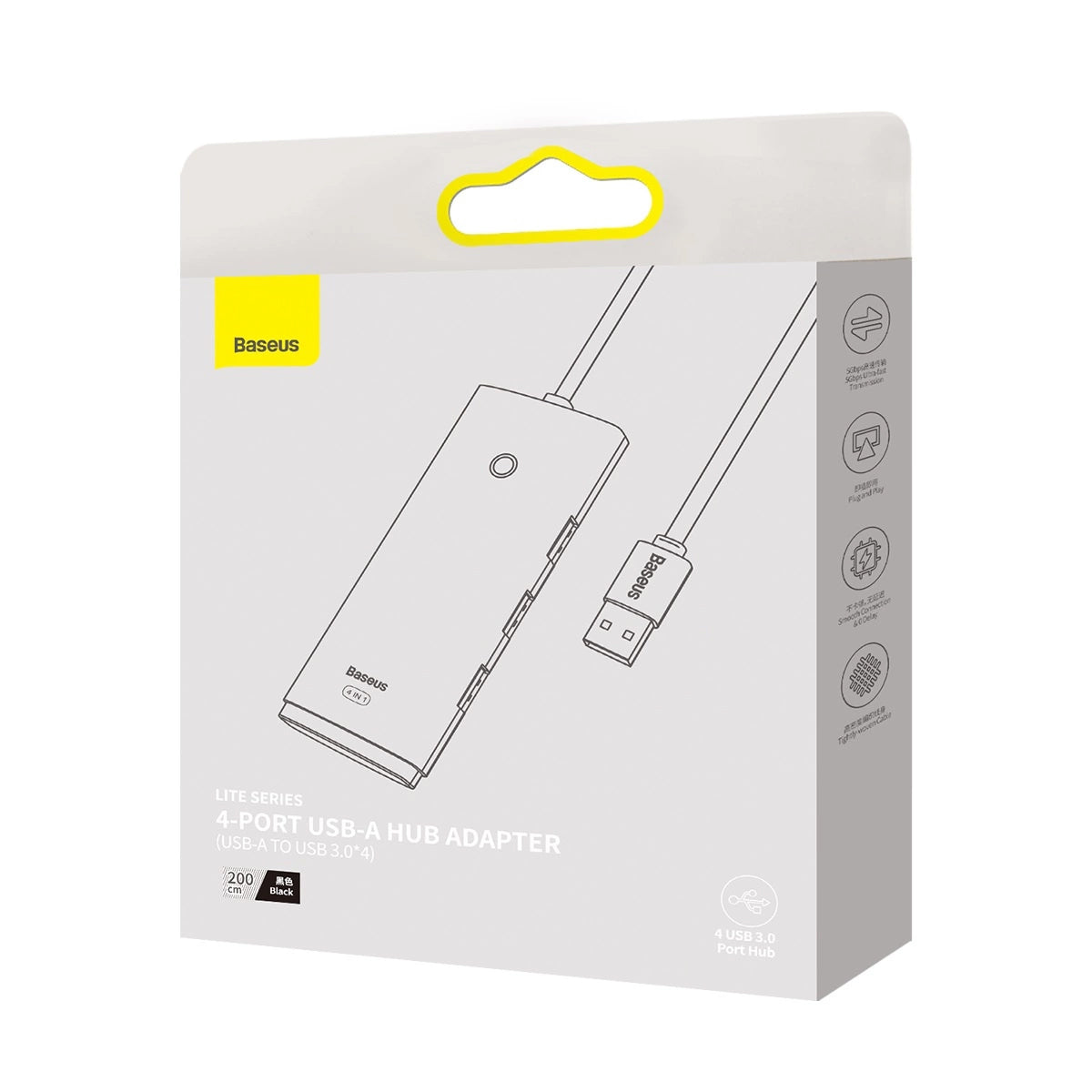 Hub USB Baseus Lite, 4 x USB-A 3.0 - 1 x USB-C, 2m, Черен WKQX030201
