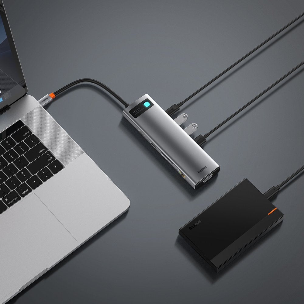 Hub USB-C Baseus Metal Gleam, 3 x USB-A 3.0 - 1 x USB-C - 2 x HDMI - 1 x VGA - 1 x Jack 3.5mm - 1 x RJ45 - 1 x SD - 1 x microSD, Сив CAHUB-CT0G