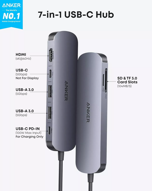 Hub USB-C Anker, 2 x USB-A 3.0 - 2 x USB-C - 1 x HDMI - 1 x SD - 1 x microSD, Сив A83D2HA1