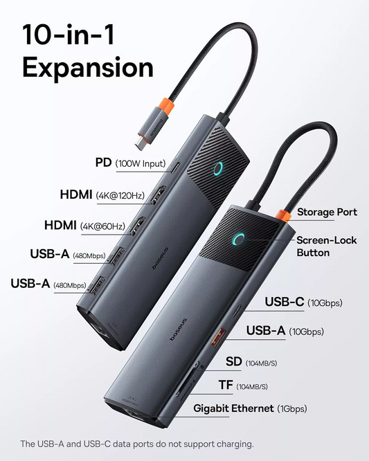 Hub USB-C Baseus Dual Display, 1 x USB-A 3.0 - 2 x USB-A - 2 x USB-C - 2 x HDMI - 1 x RJ45 - 1 x SD - 1 x microSD, Черен B00061800123-01