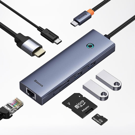 Hub USB-C Baseus UltraJoy, 2 x USB-A 3.0 - 1 x USB-C - 1 x HDMI - 1 x RJ45 - 1 x SD - 1 x microSD, Сив B00052805813-00