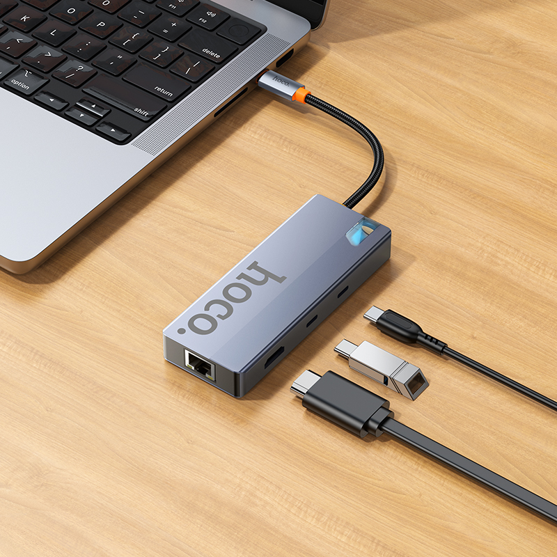 USB-C хъб HOCO HB52, 2 x USB-A 3.0 - 2 x USB-C - 1 x HDMI - 1 x RJ45 - 1 x SD - 1 x microSD, Сив