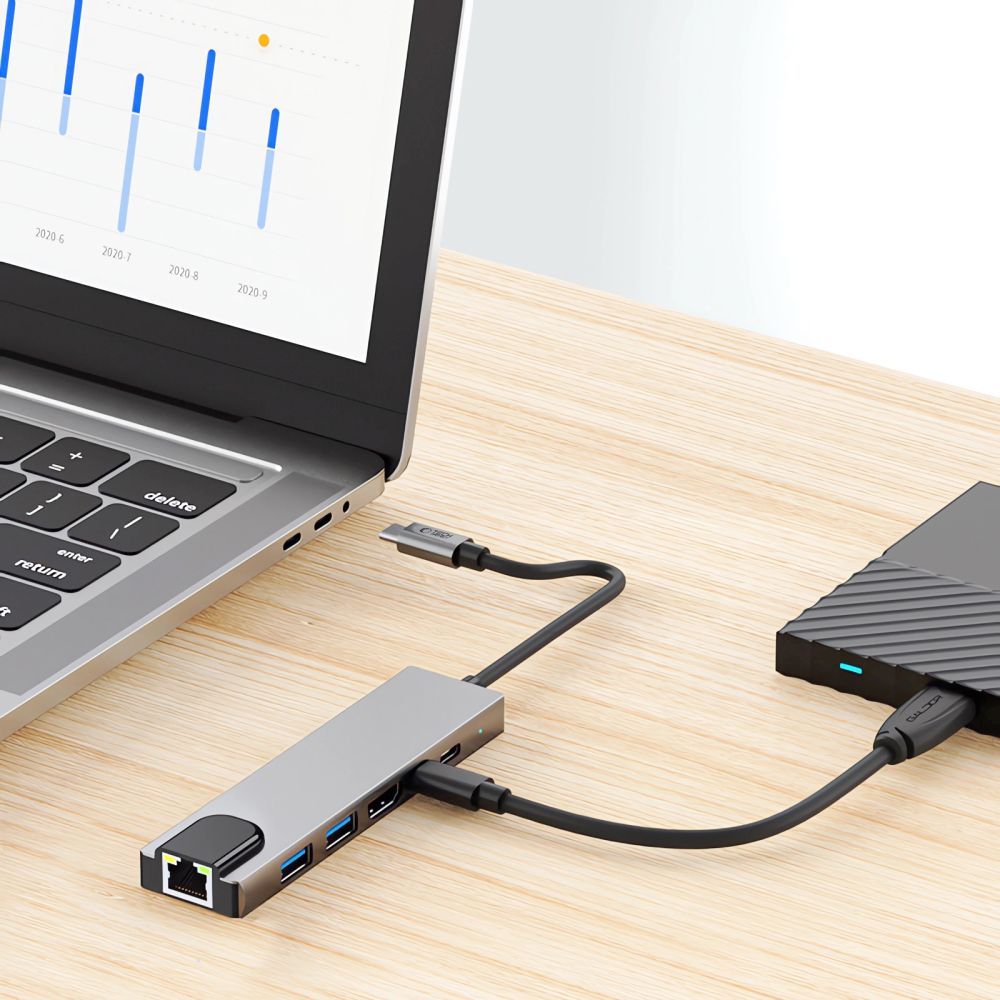 Hub USB-C Tech-Protect HB02, 1 x USB-A 3.0 - 1 x USB-A - 2 x USB-C - 1 x HDMI - 1 x RJ45, Сив