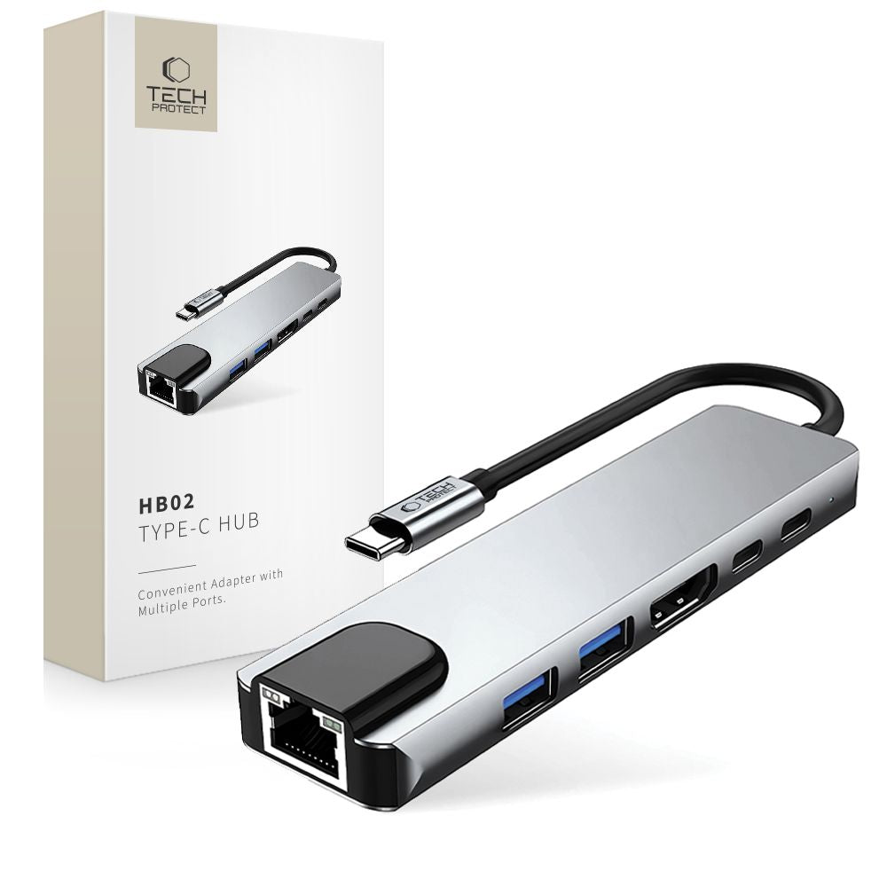 Hub USB-C Tech-Protect HB02, 1 x USB-A 3.0 - 1 x USB-A - 2 x USB-C - 1 x HDMI - 1 x RJ45, Сив