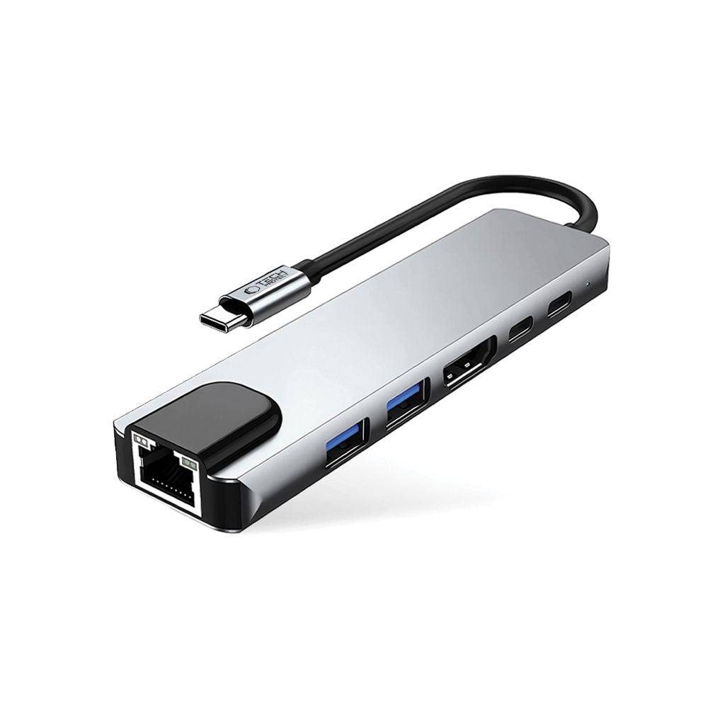 Hub USB-C Tech-Protect HB02, 1 x USB-A 3.0 - 1 x USB-A - 2 x USB-C - 1 x HDMI - 1 x RJ45, Сив