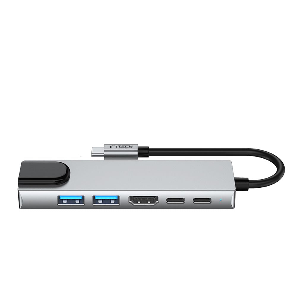 Hub USB-C Tech-Protect HB02, 1 x USB-A 3.0 - 1 x USB-A - 2 x USB-C - 1 x HDMI - 1 x RJ45, Сив