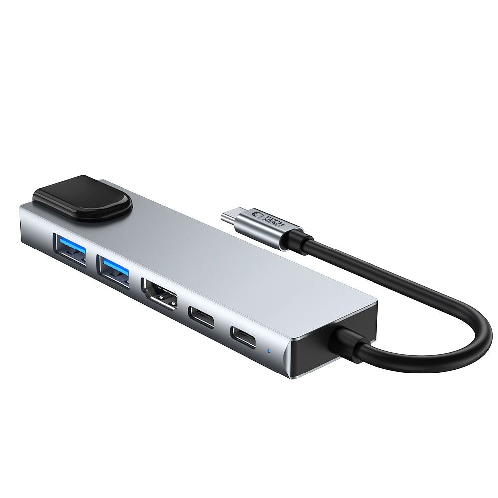 Hub USB-C Tech-Protect HB02, 1 x USB-A 3.0 - 1 x USB-A - 2 x USB-C - 1 x HDMI - 1 x RJ45, Сив