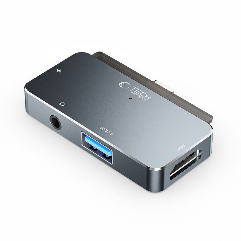 Hub USB-C Tech-Protect V6, 1 x USB-A - 1 x USB-C - 1 x HDMI - 1 x Jack 3.5mm, Сив