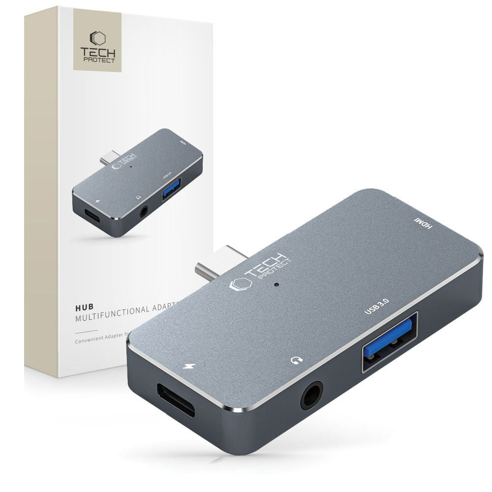 Hub USB-C Tech-Protect V6, 1 x USB-A - 1 x USB-C - 1 x HDMI - 1 x Jack 3.5mm, Сив