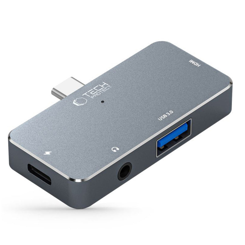 Hub USB-C Tech-Protect V6, 1 x USB-A - 1 x USB-C - 1 x HDMI - 1 x Jack 3.5mm, Сив