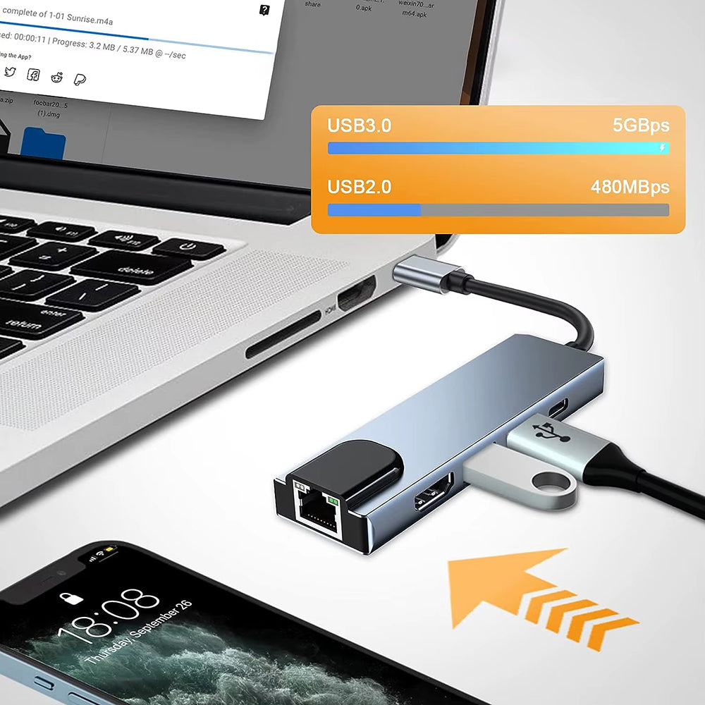 USB-C хъб Techsuit H1 NetBridge, 5в1, Сив