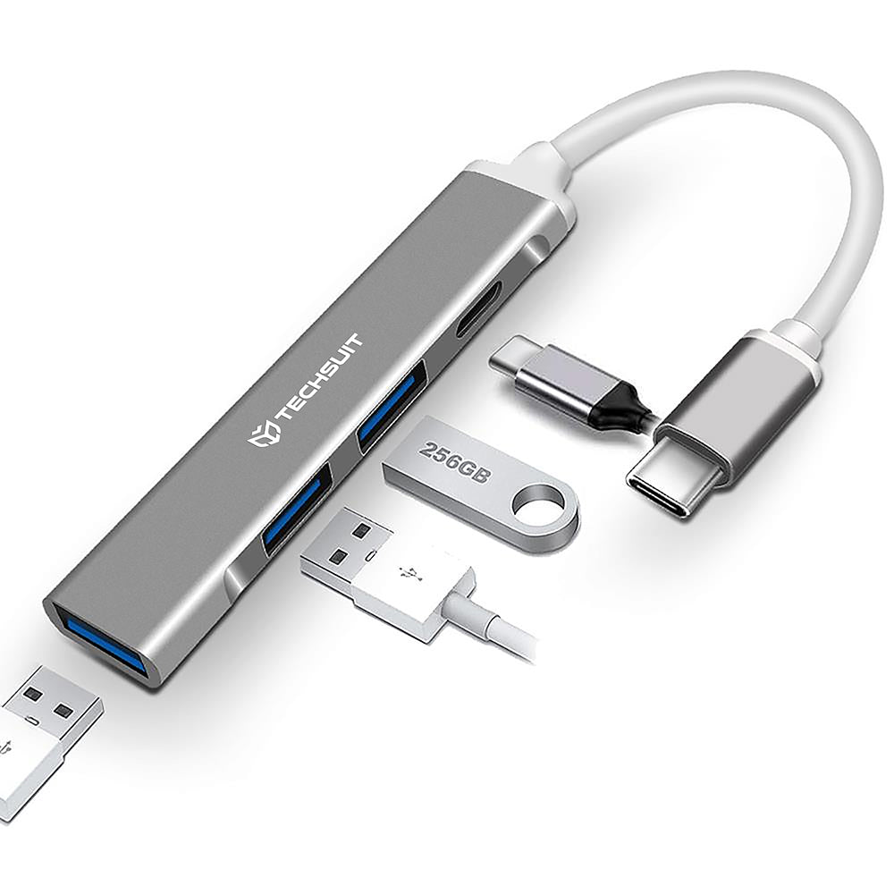 Hub USB-C Techsuit H18 PolarisBridge, 4в1, Сиво Бял