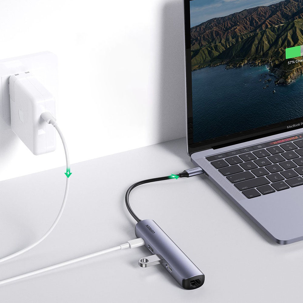 Hub USB-C UGREEN CM418 (10919), 2 x USB-A 3.0 - 1 x USB-C - 1 x HDMI - 1 x RJ45, Сив