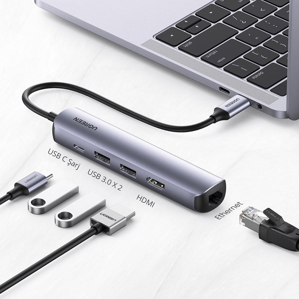 Hub USB-C UGREEN CM418 (10919), 2 x USB-A 3.0 - 1 x USB-C - 1 x HDMI - 1 x RJ45, Сив