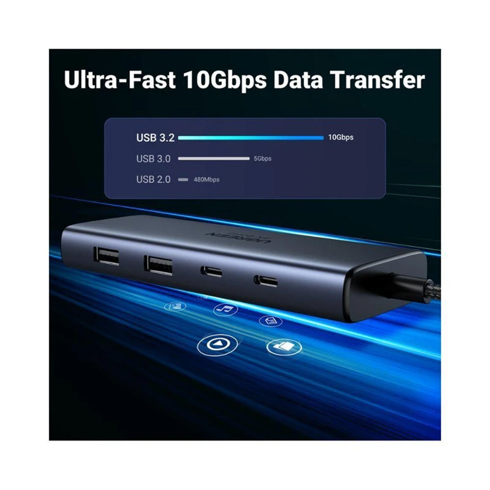 Hub USB-C UGREEN CM498 (45379), 2 x USB-A 3.2 - 3 x USB-C - 2 x HDMI, Сив