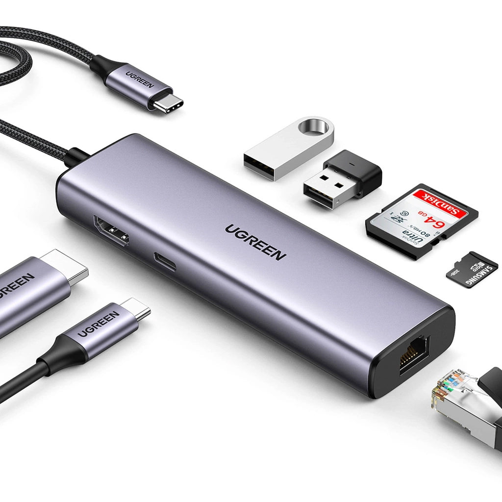 Hub USB-C UGREEN CM512 (90568), 2 x USB-A 3.0 - 1 x USB-C - 1 x HDMI - 1 x RJ45 - 1 x SD - 1 x microSD, Сив