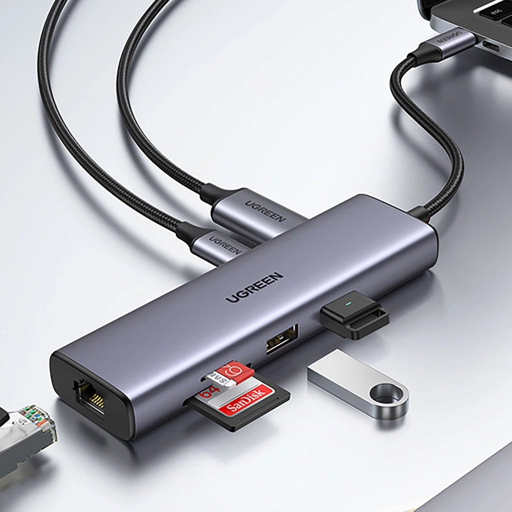 Hub USB-C UGREEN CM512 (90568), 2 x USB-A 3.0 - 1 x USB-C - 1 x HDMI - 1 x RJ45 - 1 x SD - 1 x microSD, Сив