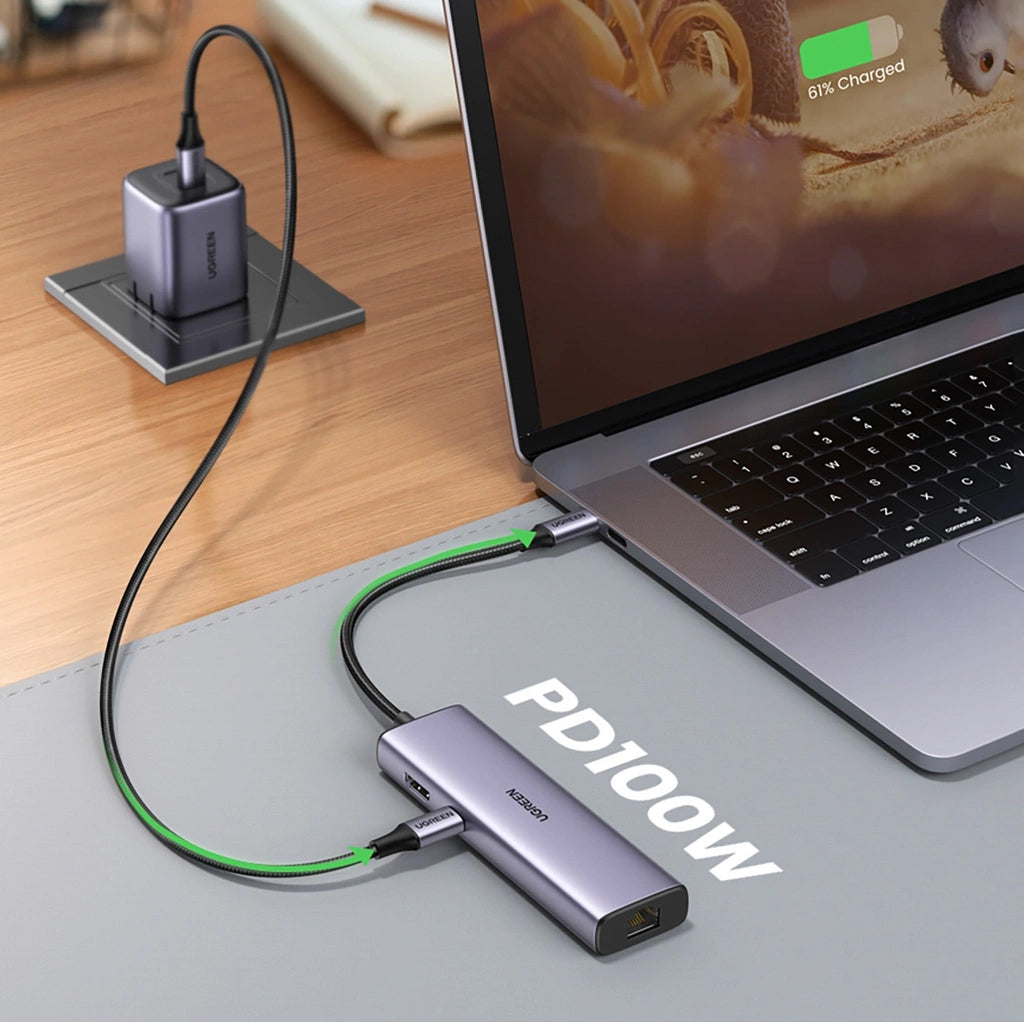 Hub USB-C UGREEN CM512 (90568), 2 x USB-A 3.0 - 1 x USB-C - 1 x HDMI - 1 x RJ45 - 1 x SD - 1 x microSD, Сив