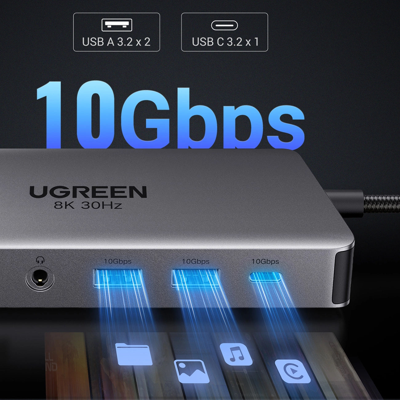Hub USB-C UGREEN Revodok Pro 313 CM681, 2 x USB-A 3.2 - 1 x USB-A 3.0 - 2 x USB-C - 2 x HDMI - 1 x Jack 3.5mm - 1 x RJ45 - 1 x SD - 1 x microSD, Сив
